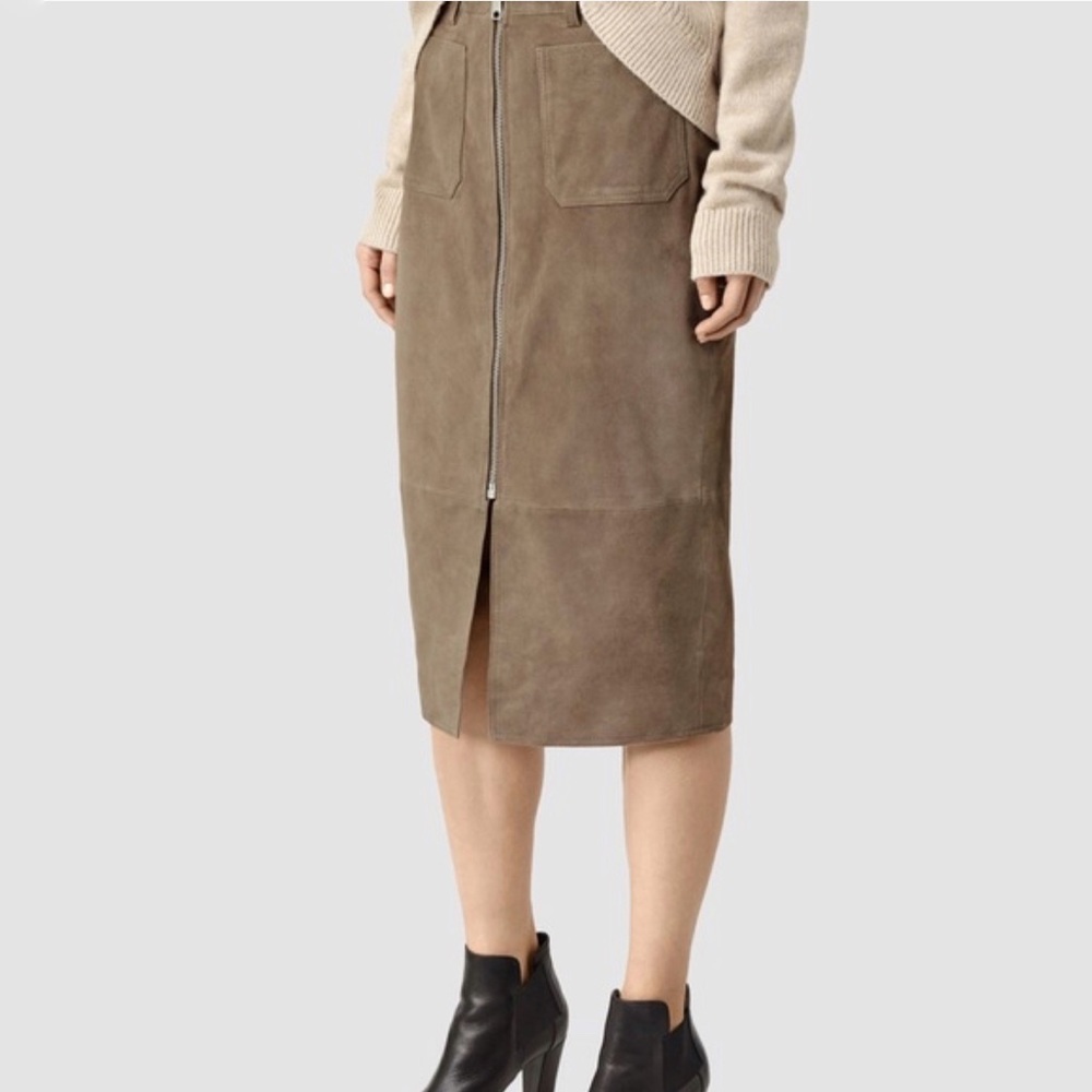 All Saints Arel brown tan suede silver front zipper zip up pockets midi skirt - Picture 1 of 16